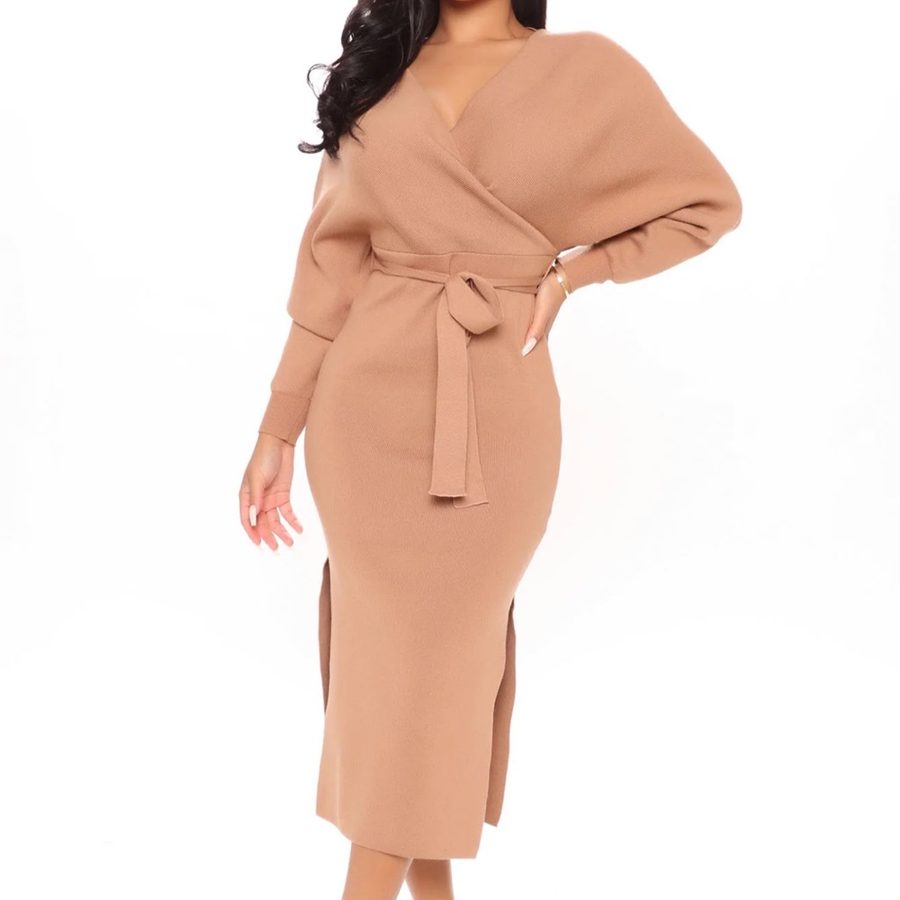 NWT FASHION NOVA TAN CAMEL  MIDI BELTED SWEATER DRESS  S - Picture 2 of 9